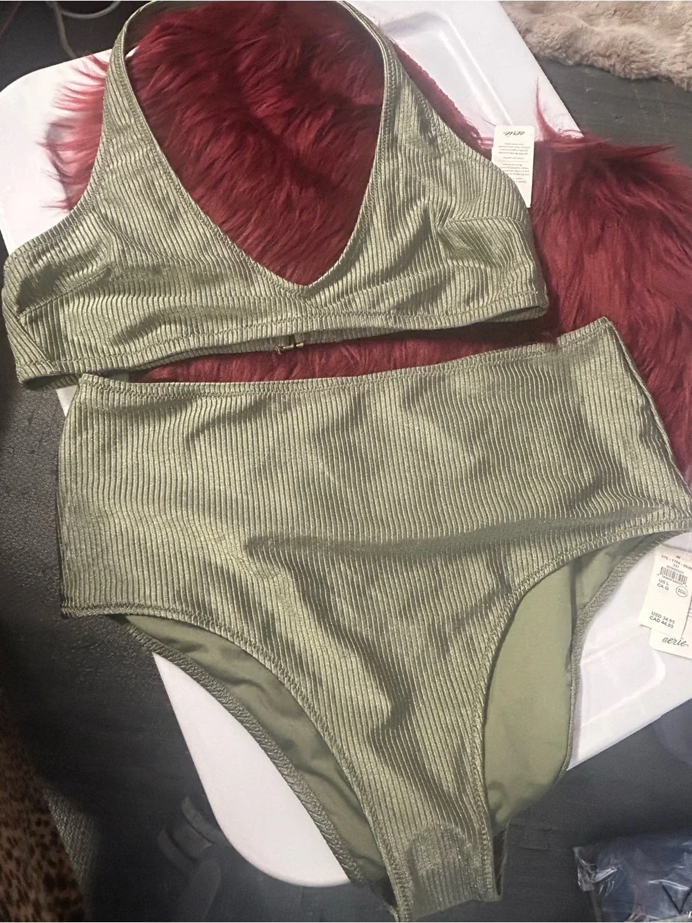 NWT Aerie Shine Olive Green Ribbed Bikini Set